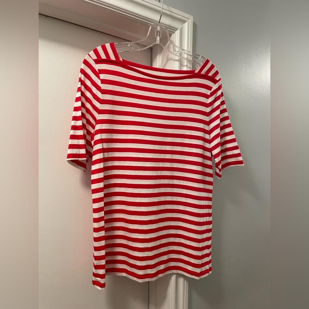 Talbots L T-shirt Boat Neck 100% Pina Cotton Striped Red/White